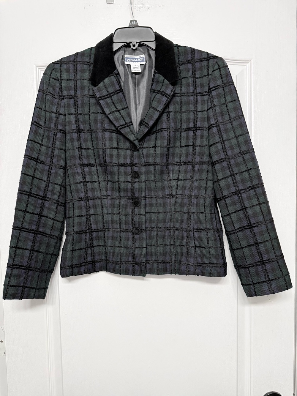 Pendleton Gray and Green Plaid Wool Blend Blazer with Black Velvet Collar